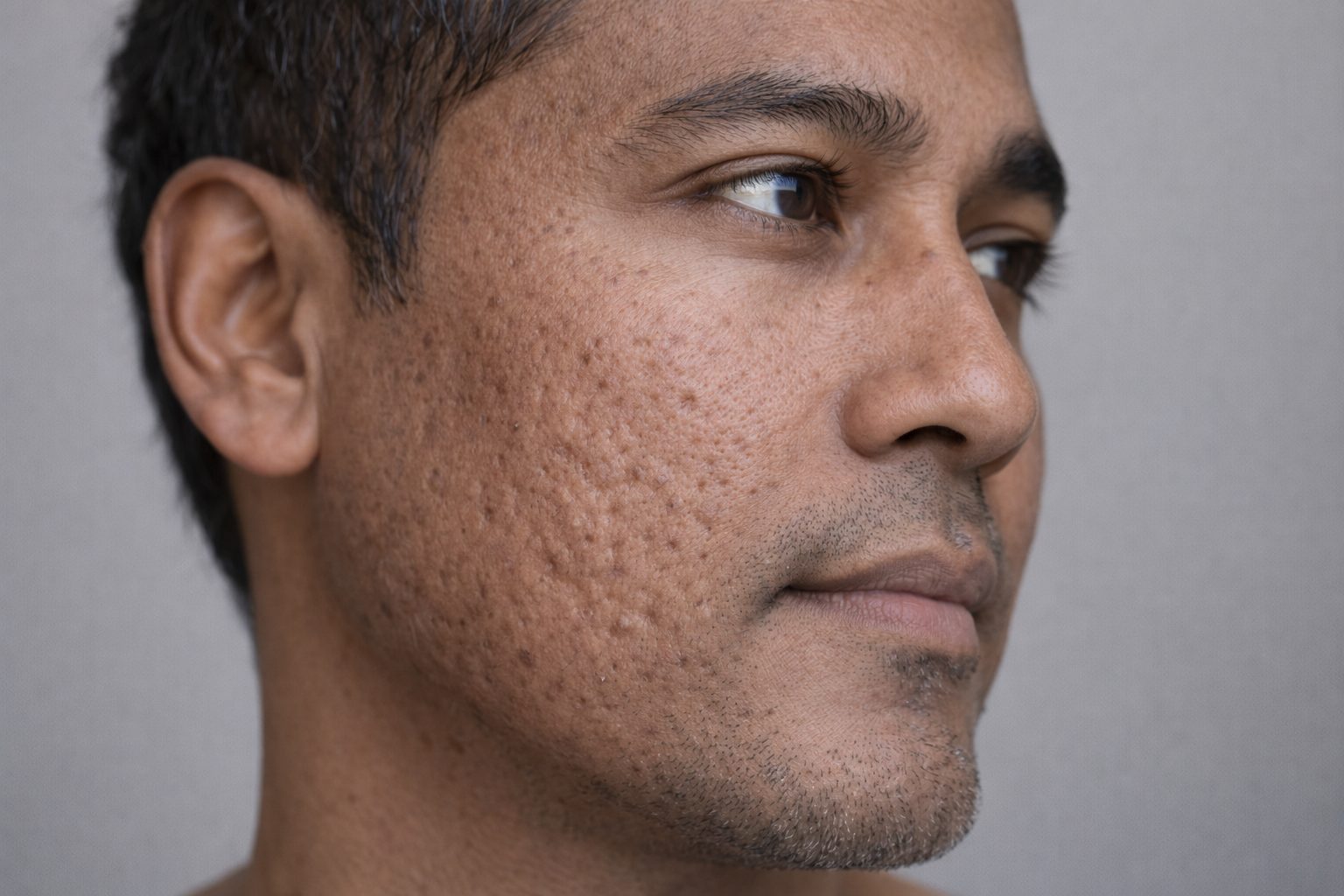 Cicatrices d'acné et texture irrégulière de la peau avant traitement au laser fractionné CO2 à la clinique Le Centre au Québec | Acne scars and uneven skin texture before fractional CO2 laser treatment at Le Centre clinic in Quebec