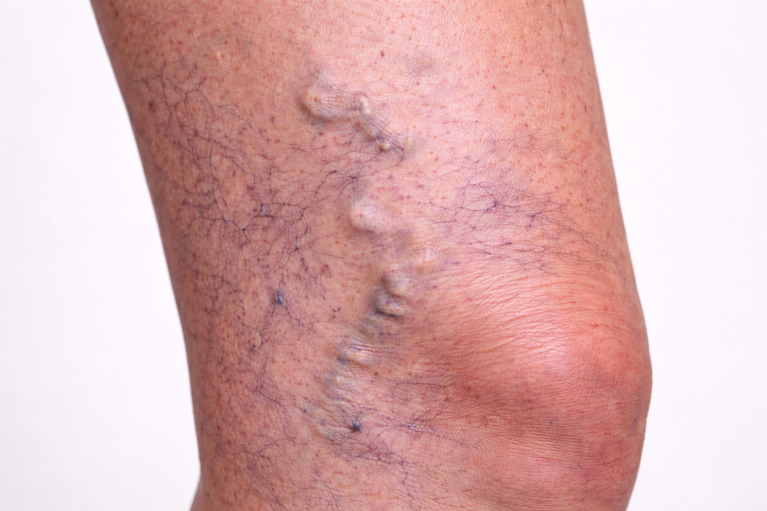 Varicosités et varices visibles sur la jambe avant sclérothérapie à la clinique Le Centre au Québec | Visible spider veins and varicose veins on the leg before sclerotherapy at Le Centre clinic in Quebec